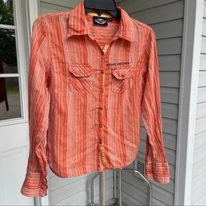 Harley Davidson Lightweight Snap Button Down Orange Top Medium